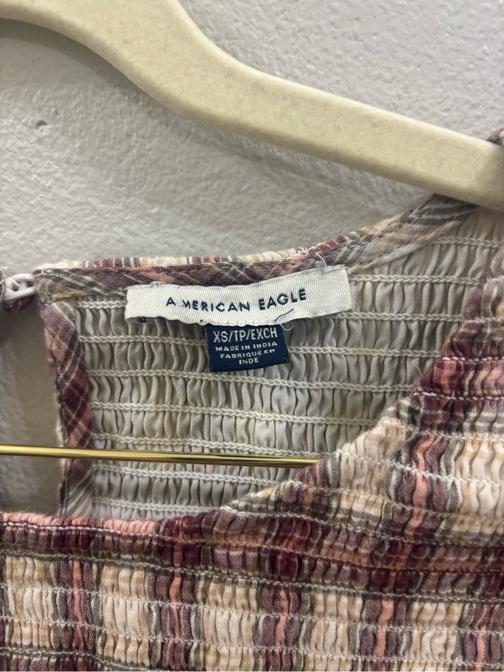 American Eagle Outfitters Burgundy and Cream Plaid Smocked Waist Dress - Picture 2 of 4
